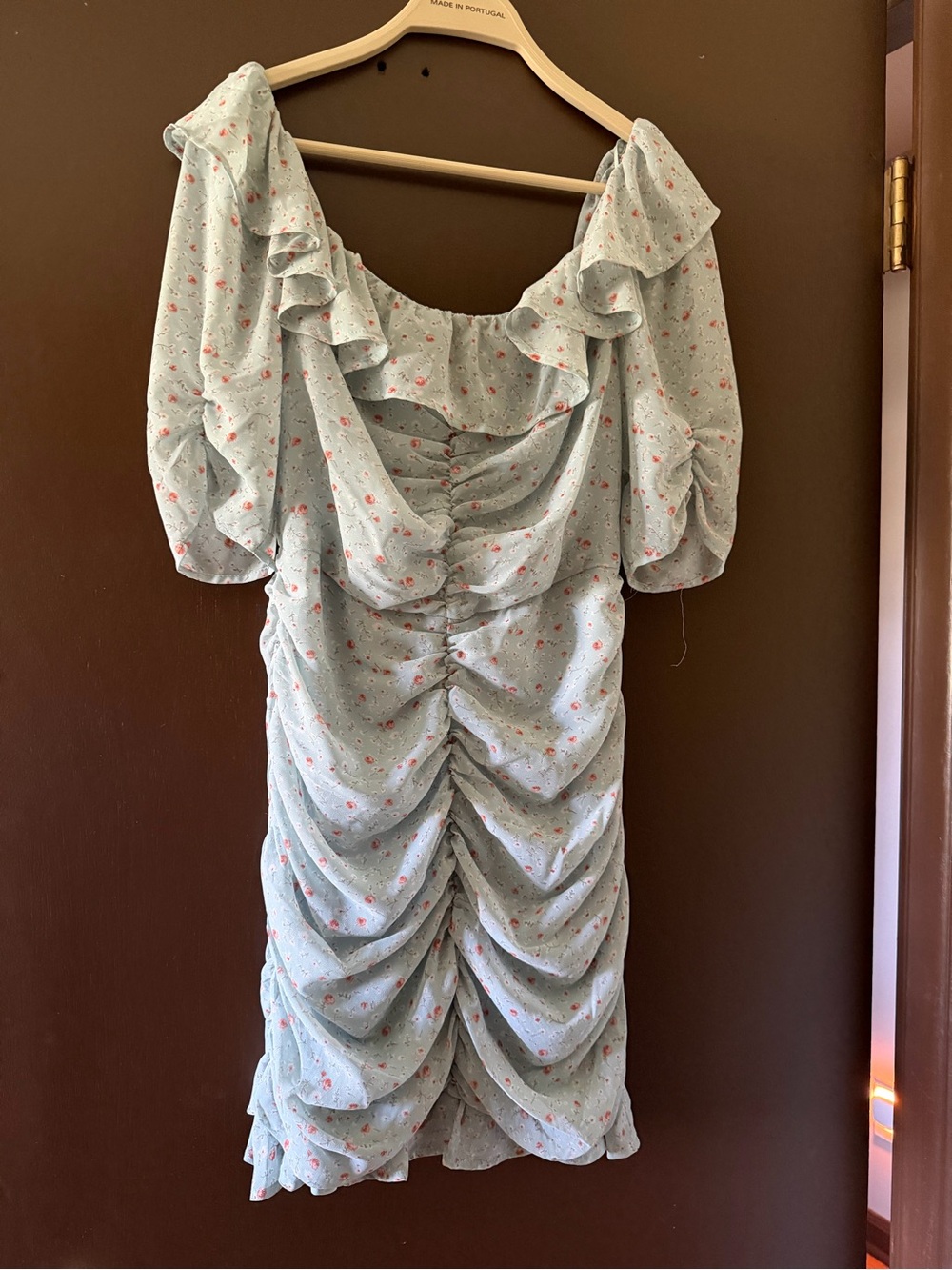 Astr Floral Ruched Midi Dress in Light Blue with Pink Accents